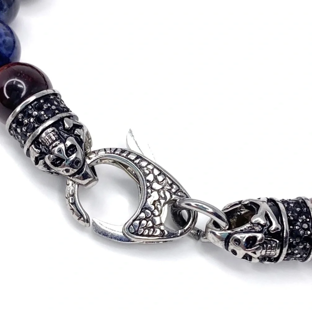 Blackjack Bracelet Beaded Sodalite & Red Tiger Eye Stainless Steel Skull New NWT